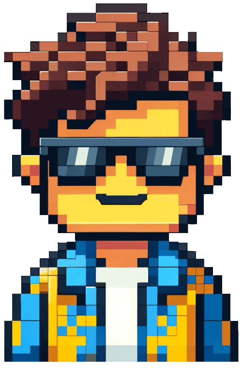 Pixel-art mascot of Abdulmajeed: sunglasses, blue and yellow jacket
